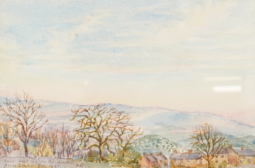 Maud Kennedy (20th / 21st C.), ‘Snow Melting on the Downs From Lewes Dec 1981’, watercolour, 13.5 x 20cm
